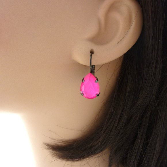 Electric Neon Pink Crystal Pear Shaped Earrings, Hot Summery Pink Teardrops - Picture 4 of 5